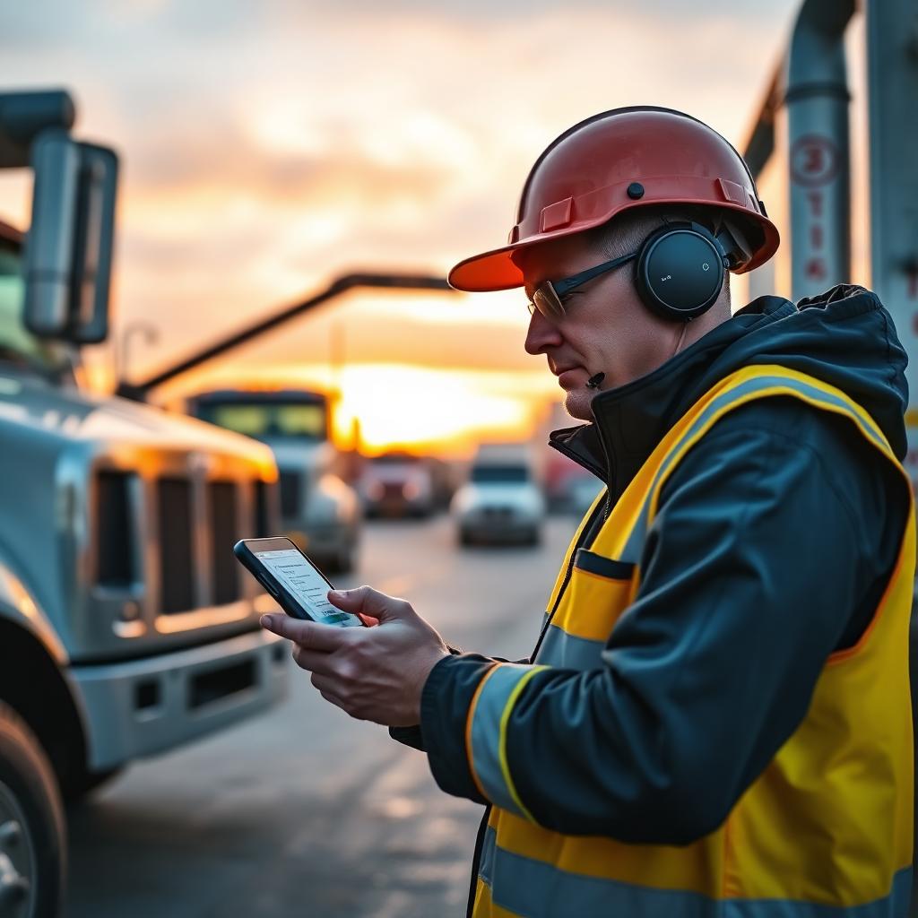 Fleet driver completing a DVIR pre-trip inspection on a smartphone next to a commercial work truck