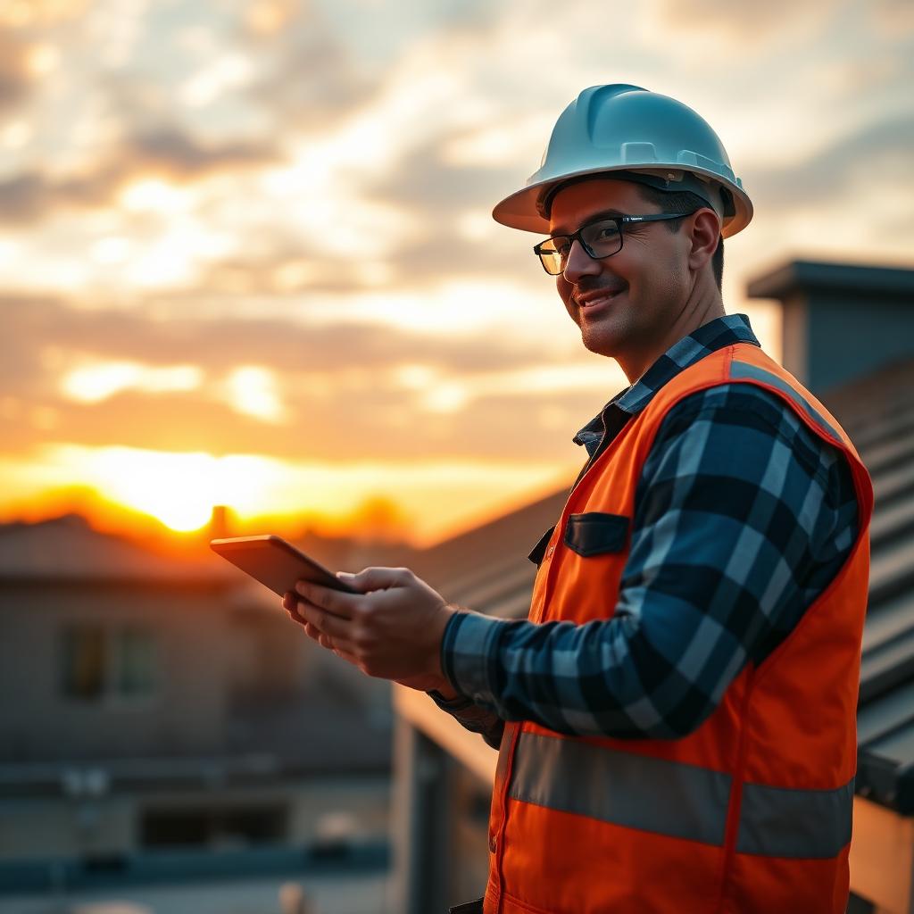 Roofer with tablet at sunset after completing a project, ready to send completed field records to billing