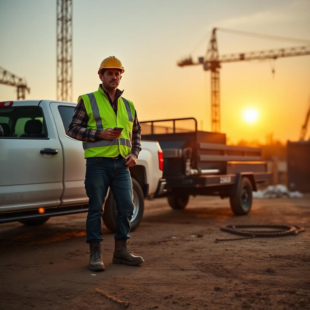 Foreman with smartphone next to work truck and trailer at sunrise construction site
