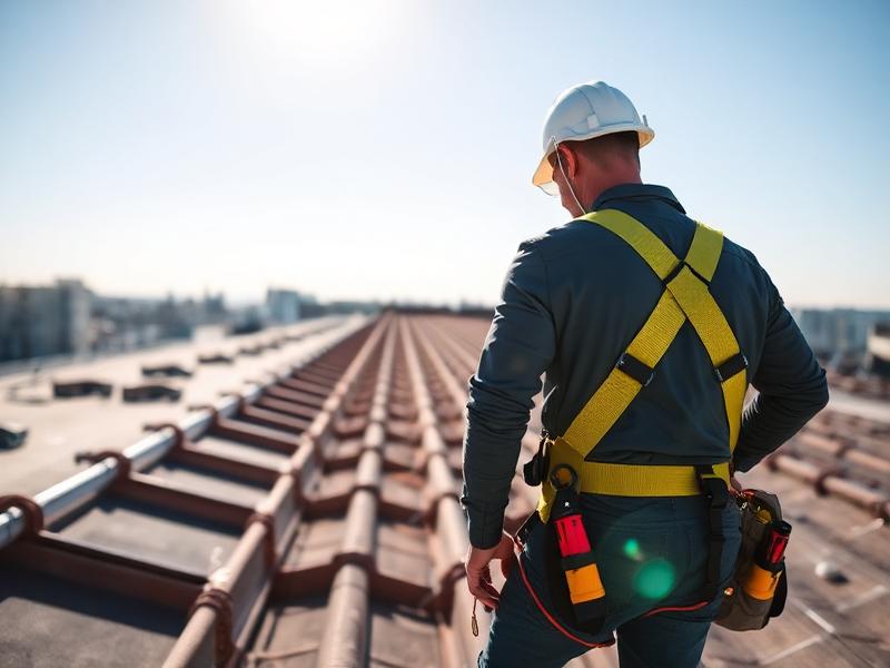Commercial roofer in yellow harness on a low-slope roof